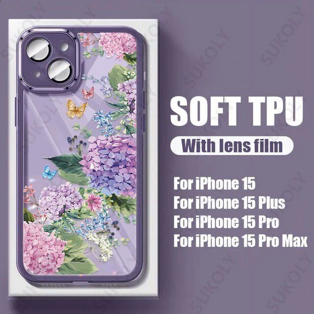 For iPhone 15 Pro Max 14 13 Pro Flowers Butterfly Pattern Clear Phone Case Shockproof Bumper Silicone Transparent Soft Cover LXY