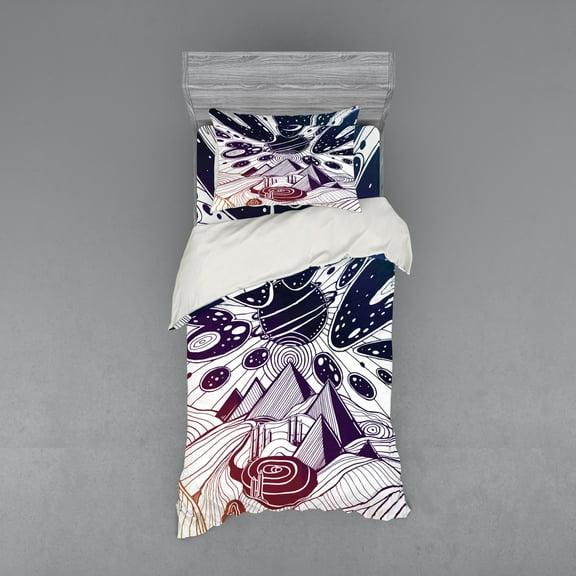 Abstract Duvet Cover Set, Dream Desert Landscape with Surreal Sky Planets Meteors and Pyramids Print, Bedding Set with Shams and Fitted Sheet, 3 Sizes, by Ambesonne