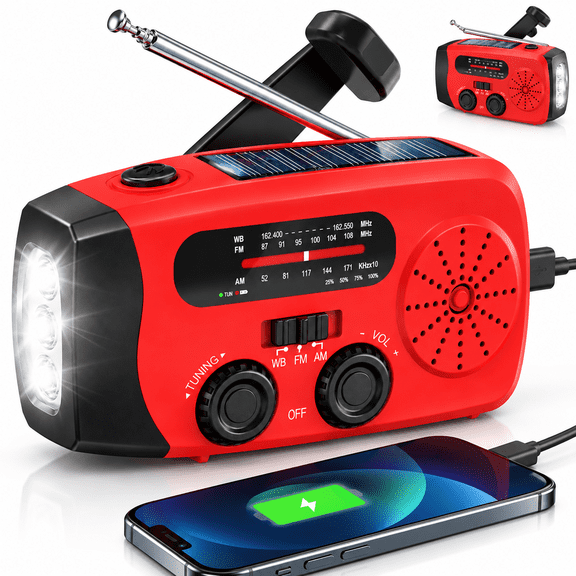 Emergency Hand Crank Radio,7400mWh AM/FM/NOAA Solar Radio with USB Charged and LED Flashlights for Hurricane