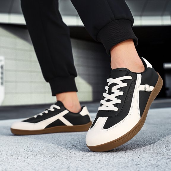 Men's Black White Retro Leather Trainer Shoes Non Slip Gum Sole Casual Walking Sneakers