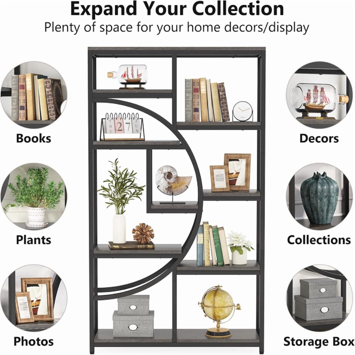 9-Tier Etagere Bookcase, Black Metal Frame with Rustic Gray Boards, Half-Moon Silhouette, Industrial Style for Living Room/Home Office