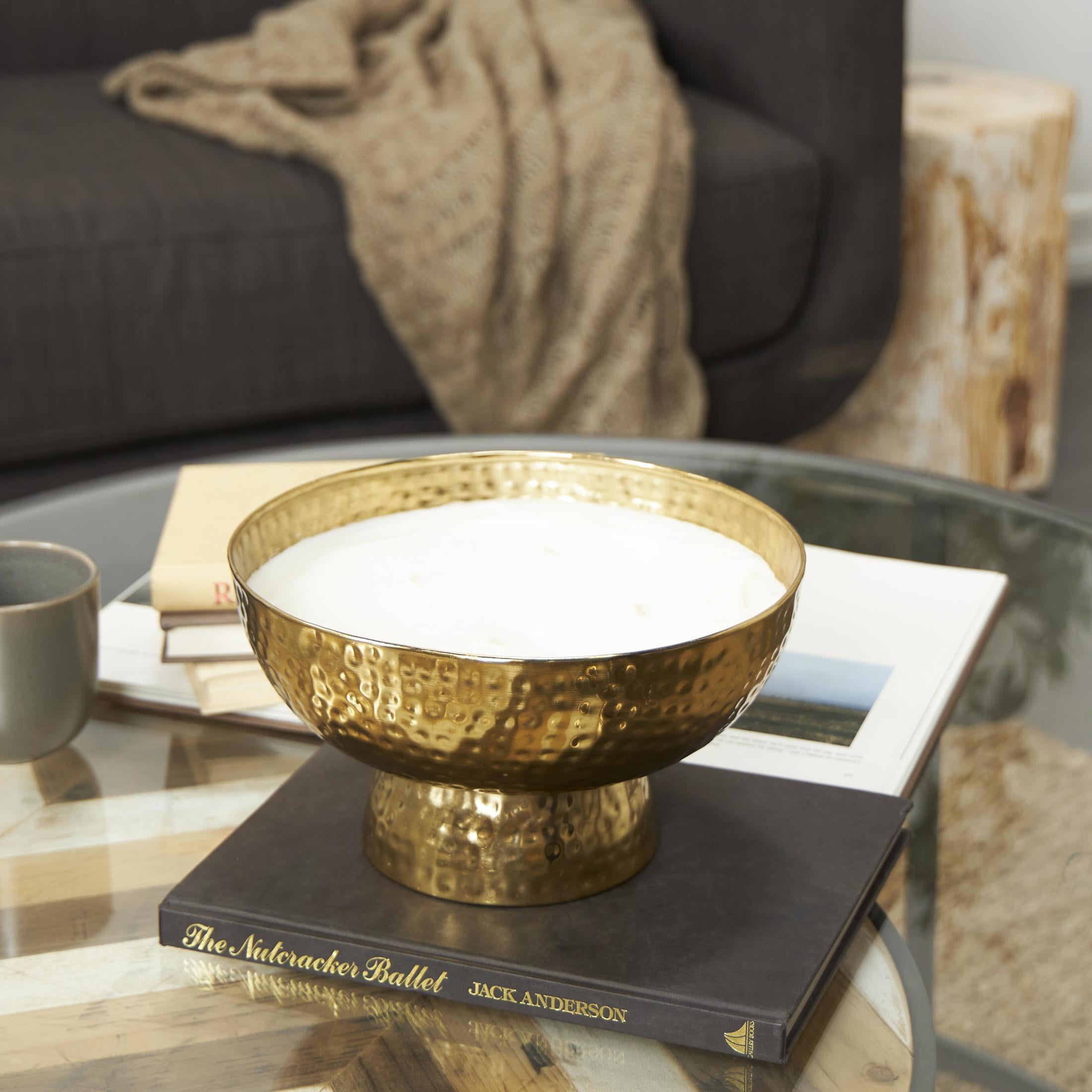 DecMode Gold Metal English Garden Scented Wide Hammered 70 oz 4 Wick Candle with White Wax