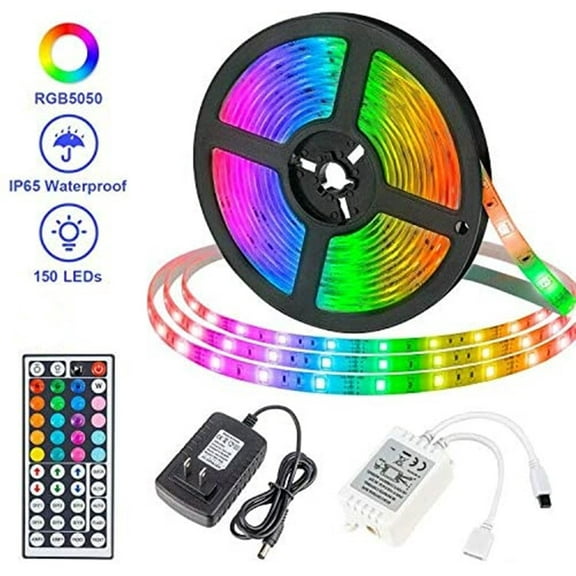 LED Strip Lights 16.4ft RGB LED Light Strips SMD5050 Waterproof Dimmable Color Changing LED Strip Lights with 44 Keys RF Remote for Bedroom, Kitchen, Party, Christmas