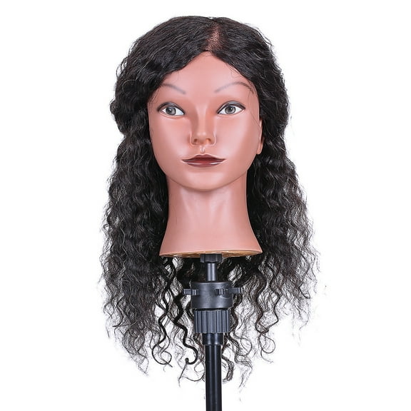 Tomshoo Curly Hair Mannequin Head Hairdressing Training Head for Hair Styling Practice Hair Braiding Dummy Head with 100% Human Hair Black