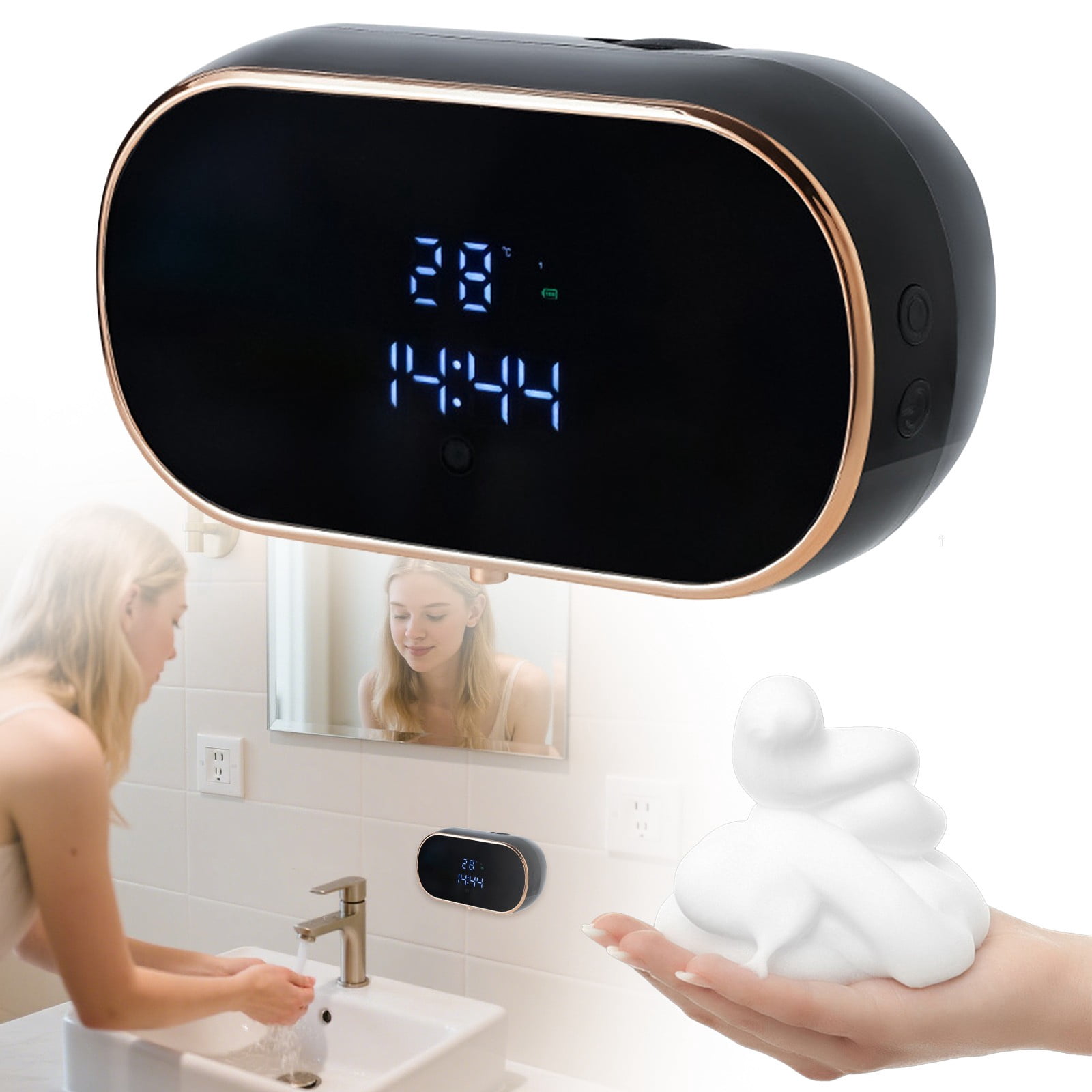 IOTdou 12oz Automatic Hand Sanitizer Dispenser Electric Soap Container Wall Mount Foaming Soap Dispenser with Time and Temperature Display for Home