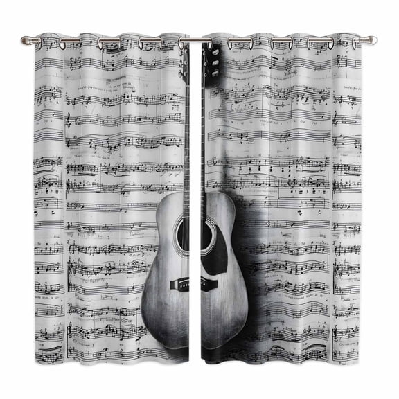 Curtains 84 Inches Long 2 Panels, Black Grey Guitar Grommets Window Treatment Curtain, Vintage Musical Guitar Sheet Abstract Thermal Curtains Drapes for Living Room/Bathroom