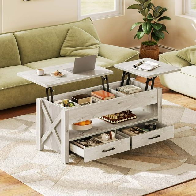Greenstell Table Basse de Rangement à Plateau Relevable - Style Moderne avec 2 Tiroirs, Compartiment Caché et Plateau Relevable en Bois - Gris - 44 Pouces