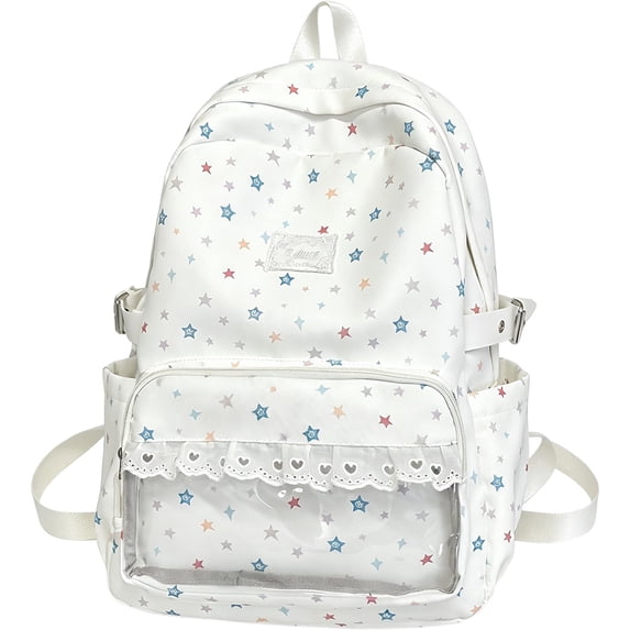 Coquette Aesthetic Backpack with Lace Decor, 16.92X12.2X5.51" Star Print Kawaii Backpack, Cute Backpack with Transparent Pocket, Lightweight Laptop Bookbag, Multi Pocket Daypack for Daily Commute