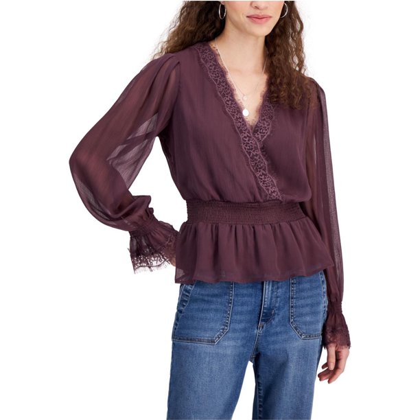 Self E Womens Lace Trim Peasant Blouse, purple, Juniors, S
