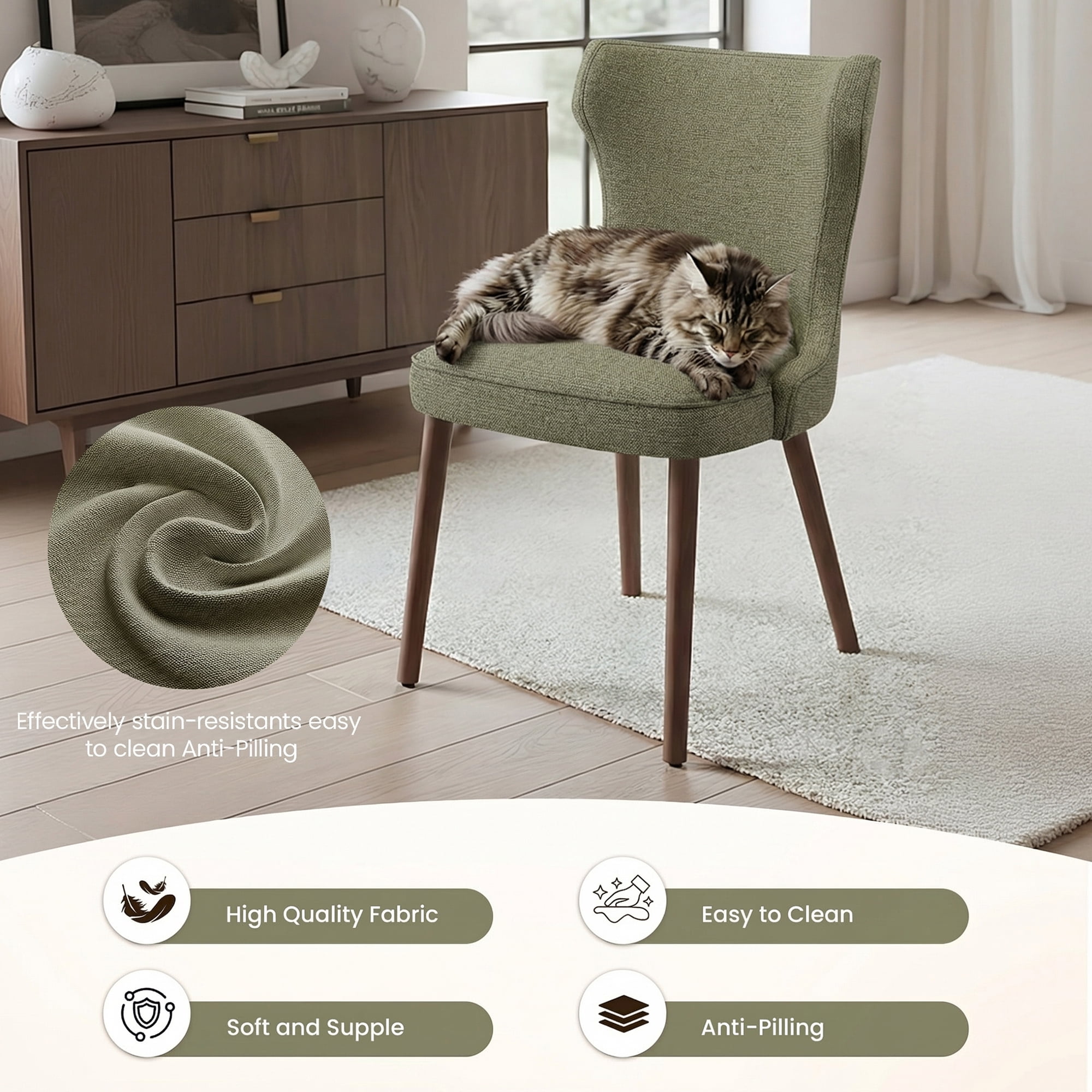 EOP Modern Fabric Upholstered Dining Chairs Set of 4, Wingback Dining Side Chairs with Solid Wood Legs, Farmhouse Dining Room Chairs for Dining Kitchen Living Room, Green