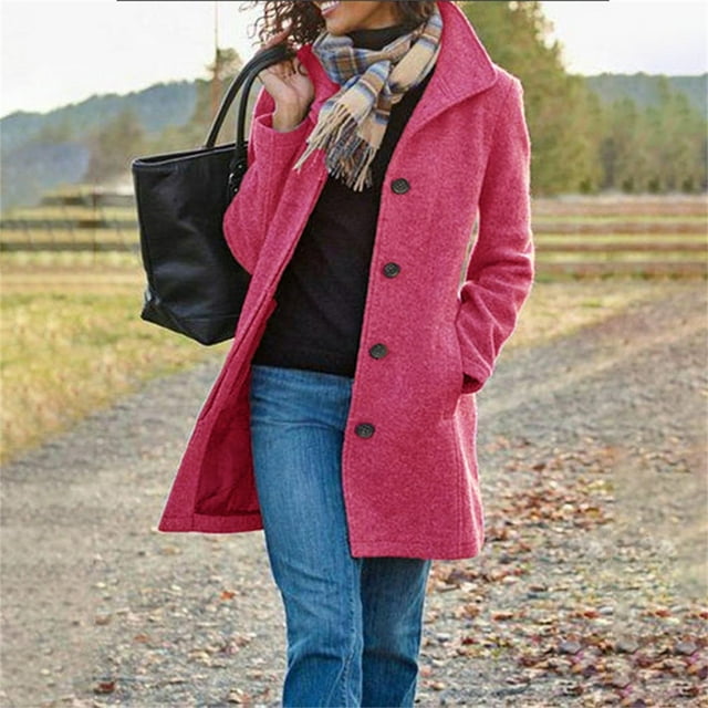 Vintage Wool-Blend Coat, Double-Breasted Long Jacket, Retro Overcoat Hot Pink S , Coat