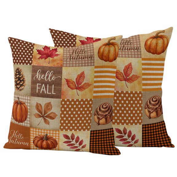 Vintage Hello Autumn Outdoor Waterproof Pillow Covers, Thanksgiving Fall Checked Pumpkins Decorative Square Throw Pillowcase Sofa Cushion Sham for Patio/Couch/Chair, 16"x16" 2 Pack