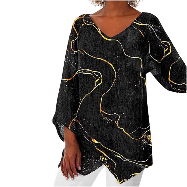 Wolfast Blouse Décontractée à Manches Longues Col en V Imprimé Rétro Coupe Ample, Noir, TG