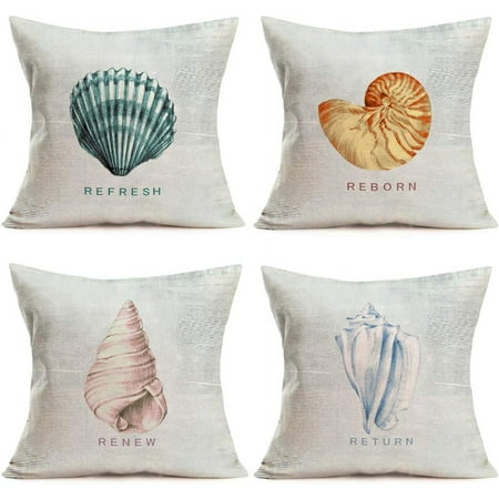 

Vintage Summer Beach Throw Pillows Cover Blue Sea Cushion Case 18 x18\u201D 4 Pack Cotton Linen Nautical Sailboat Coast Retro Snail Conch Refresh Reborn Quote for Couch Car