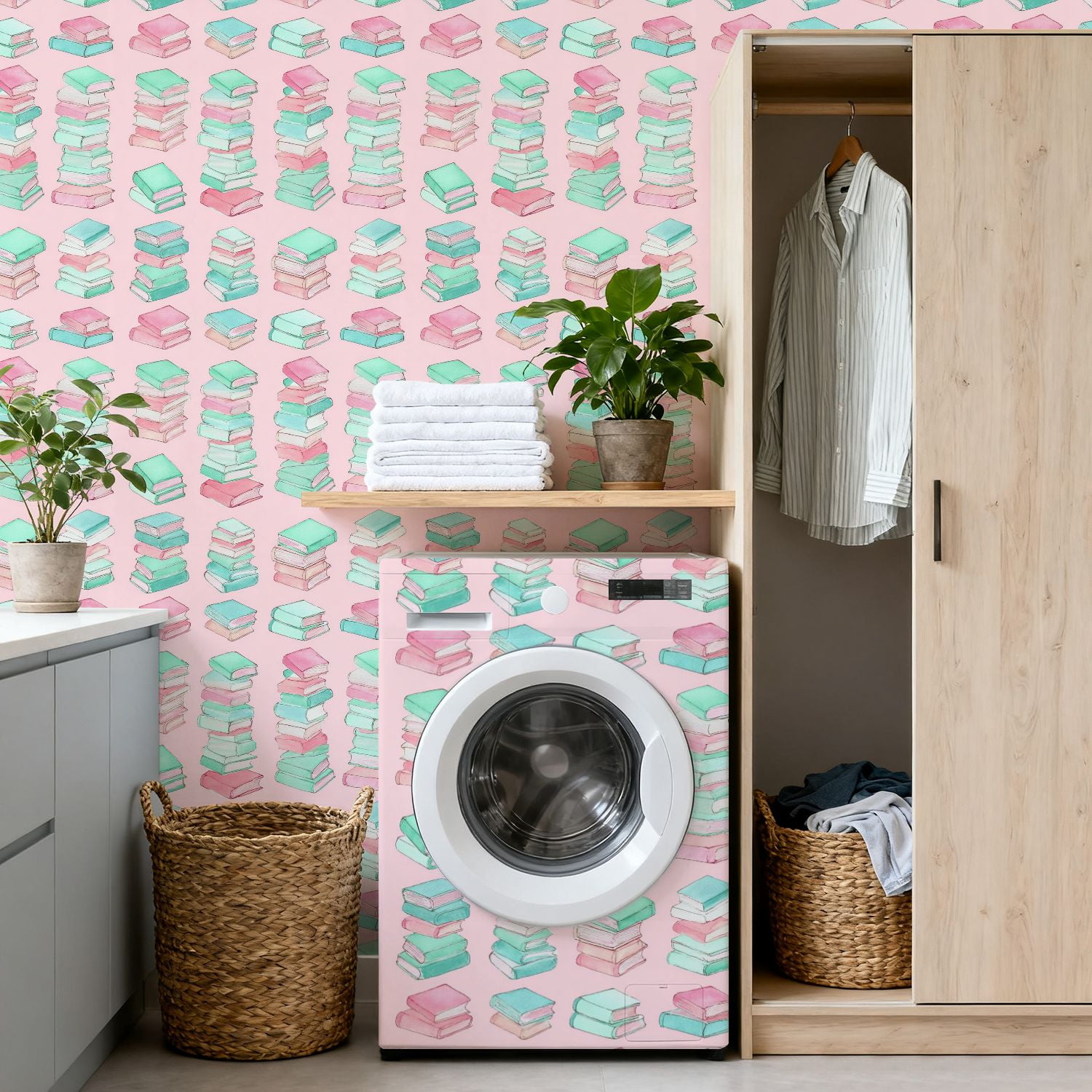 Peel and Stick Wallpaper Watercolor Stack Books Soft Pastel Colors Pink Wall Mural 17.7in x 9.8ft Self Adhesive Removable Wall Paper Renter Friendly Wallpaper for Nursery Bedroom Classroom