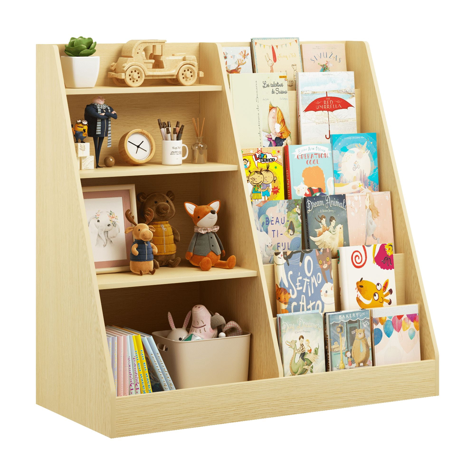 4-Tier Kids Bookshelf and Toy Storage Organizer, Wooden Bookcase Display Stand for Playroom and Nursery, Natural