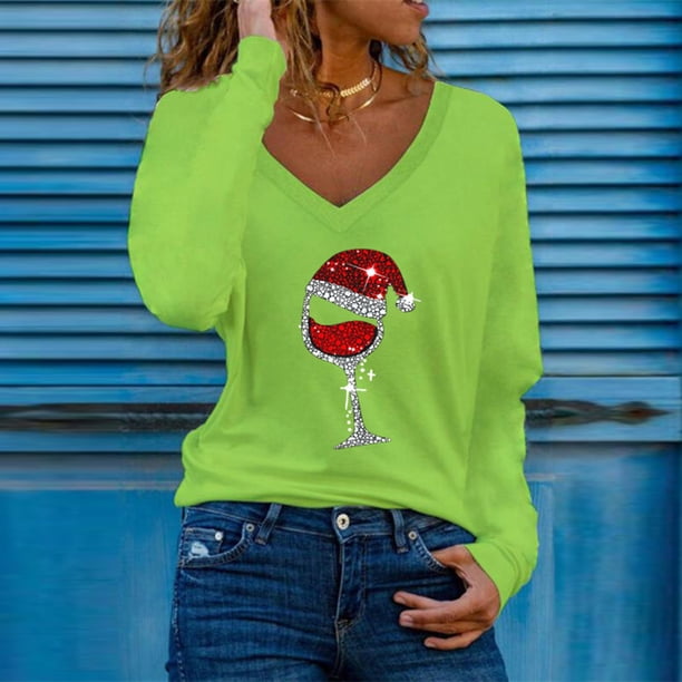 Puntoco Moda Mujer Cuello en V Camiseta de manga larga Otoño Impresión Blusa suelta tops Puntoco Puntoco-4966