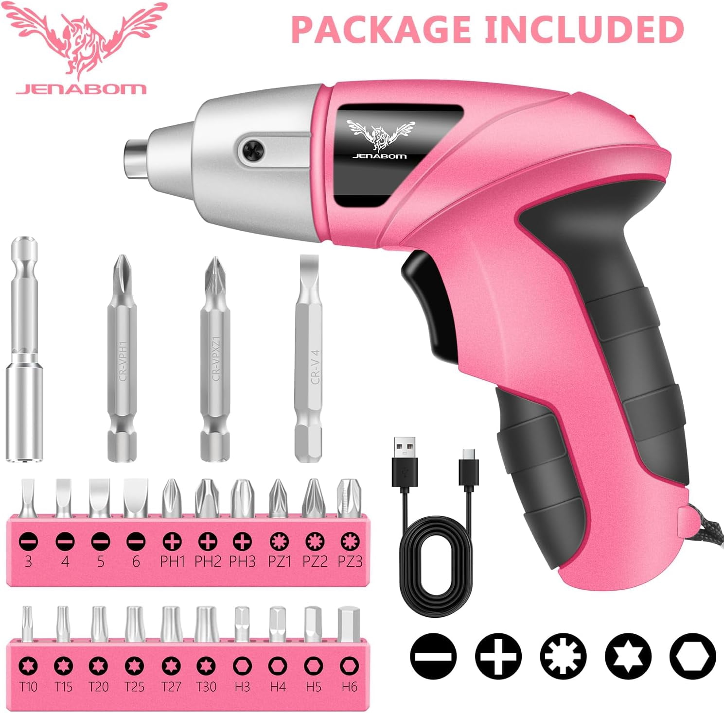 Pink Cordless Electric Screwdriver, 3.6V Rechargeable Small Electric Drill with 24pcs Driver Bit Set, Power 3.5Nm Screw Gun with LED Light for Women