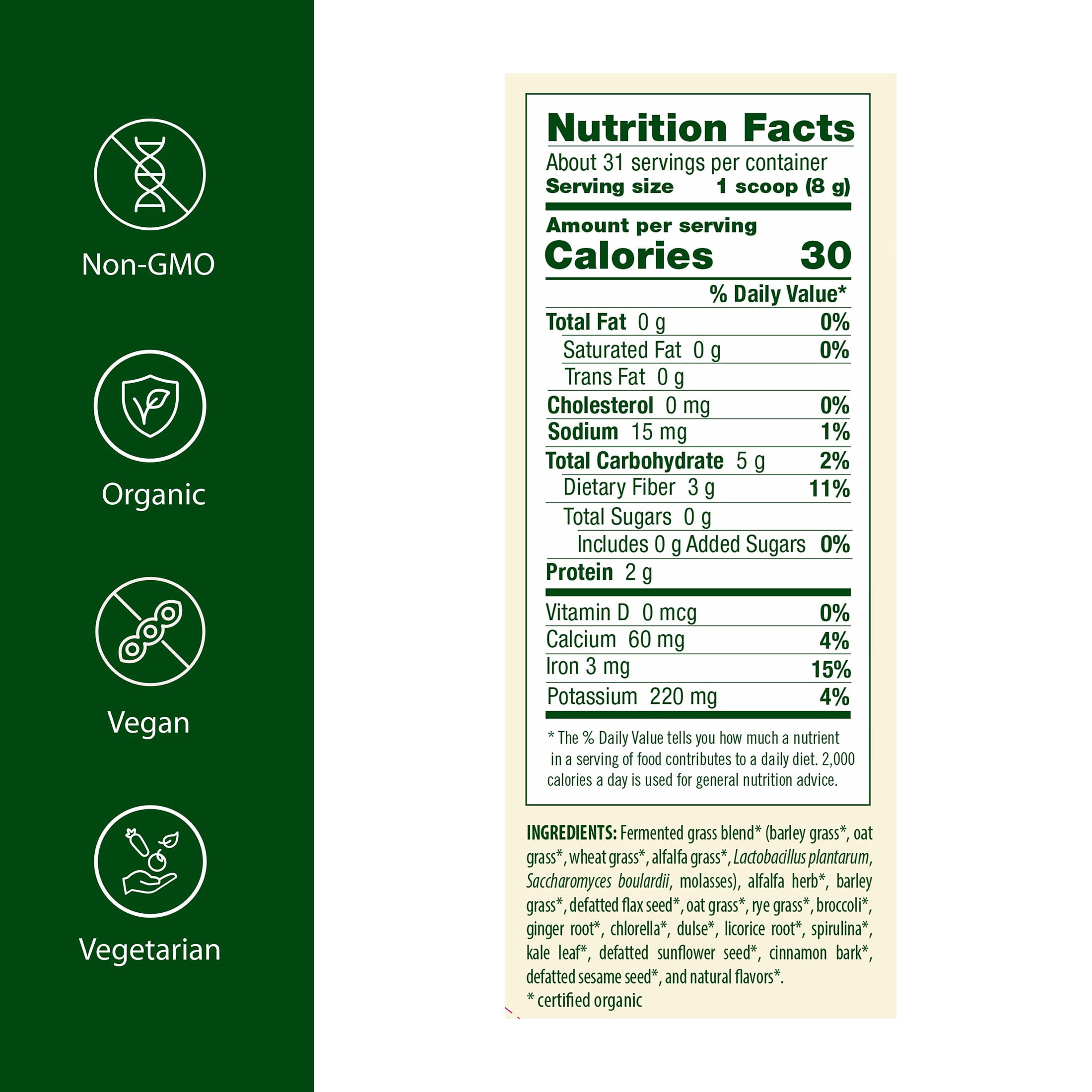 Flora - Green Blend Fermented Grasses, Whole Foods and Superfoods, Same Nutrients as Juicing without The Mess, Antioxidant Rich with Kale and Broccoli, 8.9-oz. Powder