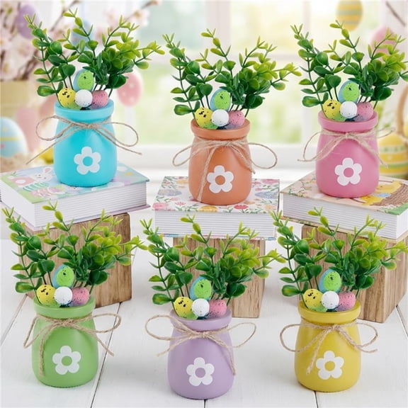 Ebaokuup 6 Set Easter Mini Jar Table Decoration, Easter Potted Table Centerpieces with Egg Picks, Spring Mason Jar Decoration for Home Tiered Tray Supplies,Easter