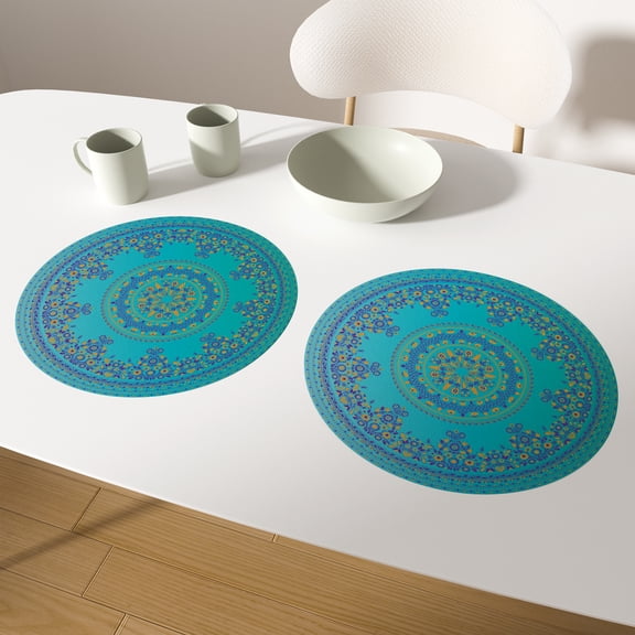 Teal Bohemain Round Placemats Set of 2 Boho Linen Double-Sided Dining Table Place Mat,14 inch