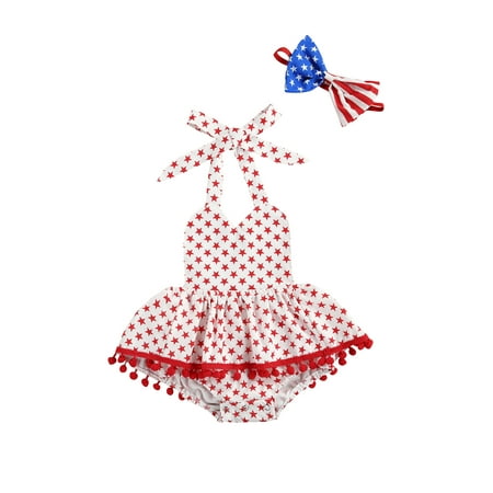 

ZIYIXIN Independence Day Lovely Baby Girls Boys Romper Dress Headband Star Printed Tassel Sleeveless Belt Jumpsuit White 12-18 Months