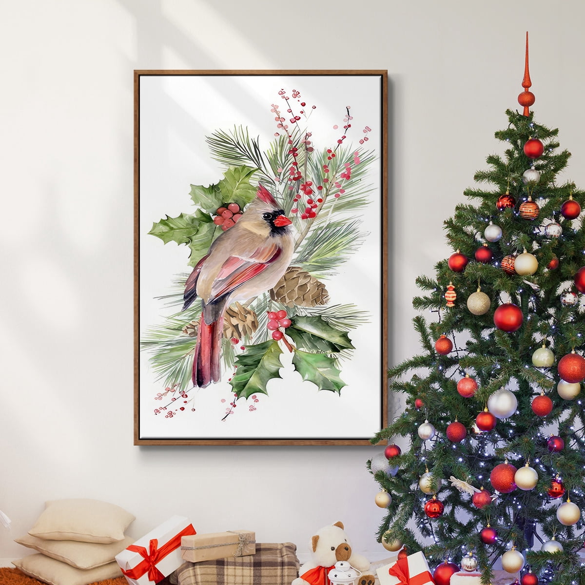 Cardinal Holly Christmas Collection B - Framed Gallery Wrapped Holiday Canvas - 17 x 25 - Rosewood Frame