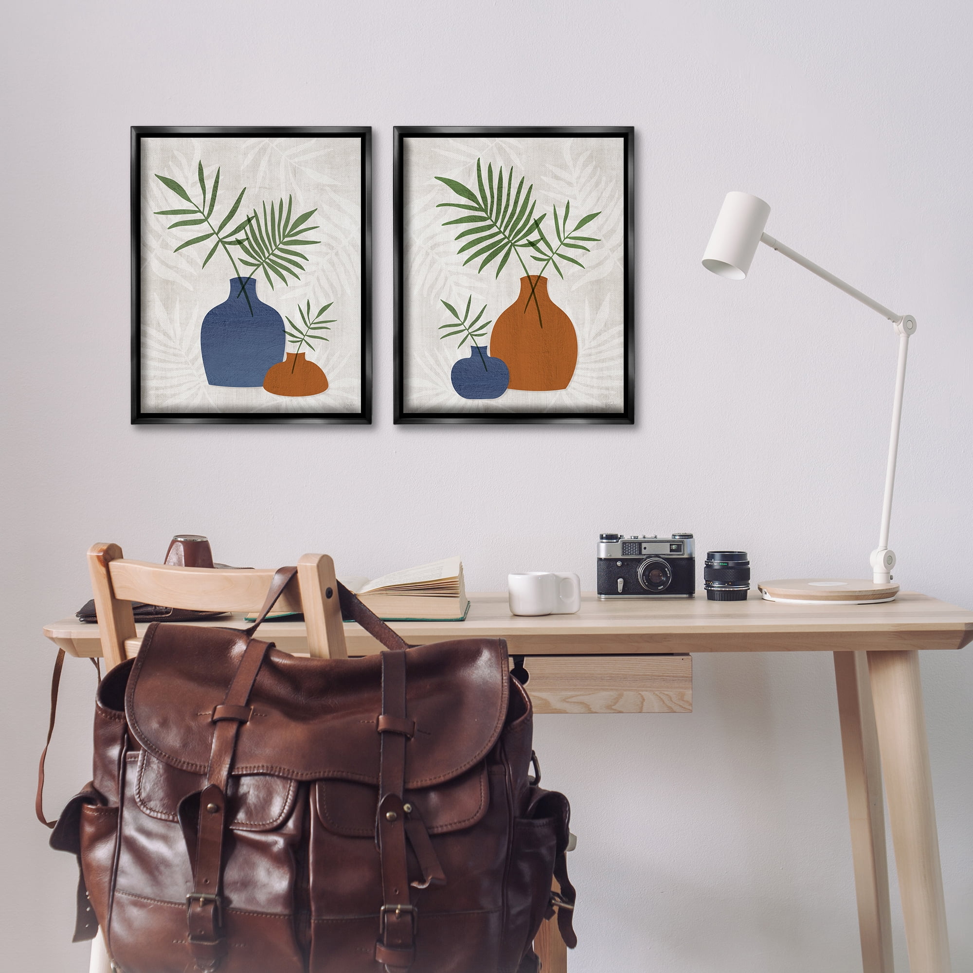 Stupell Industries Midcentury Palm Vases Plants & Flowers Painting Black Floater Framed Canvas Art Print Wall Art, 17 x 21, Set of 2