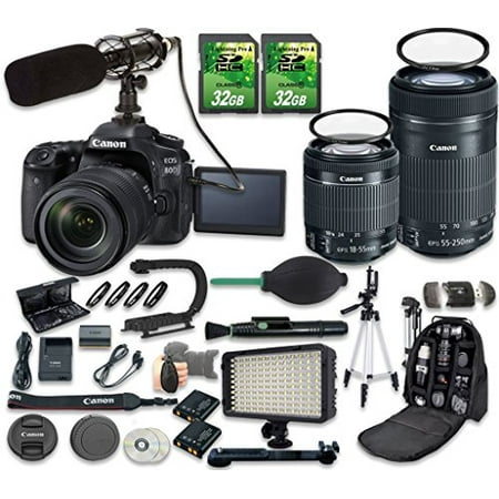 Canon EOS 80D DSLR Camera Bundle with Canon EF-S 18-55mm f/3.5-5.6 IS STM Lens + Canon EF-S 55-250mm f/4-5.6 IS STM Lens + 2pc 32 GB SD Cards + Microphone + LED