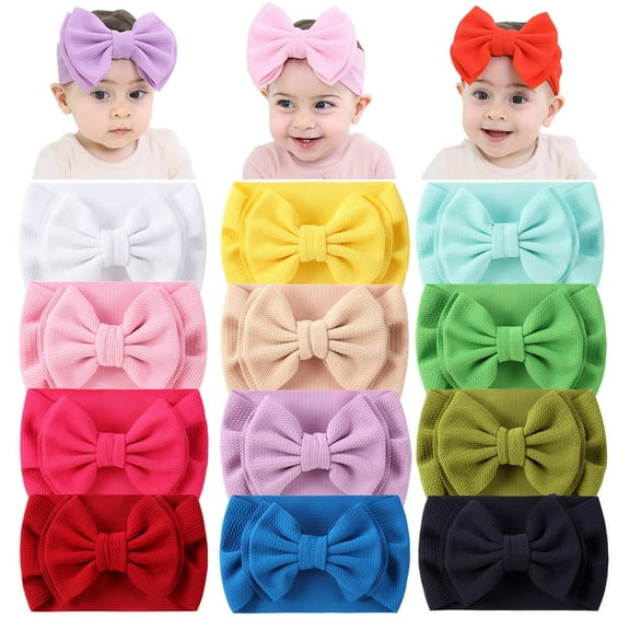 12 Pack Stretchy Elastic Wide Nylon Headbands with Solid Knot Big Hair Bow Headwraps Large Oversized Hair Bows Accessories for Baby Girls Infants Toddlers Kids