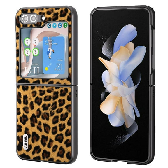ELEHOLD for Samsung Galaxy Z Flip 5 2023 Slim Case,Leopard Print Texture for Women Men,Luxury Premium PU Leather Case Anti-Scratch Shockproof Cover for Samsung Galaxy Z Flip 5,Gold