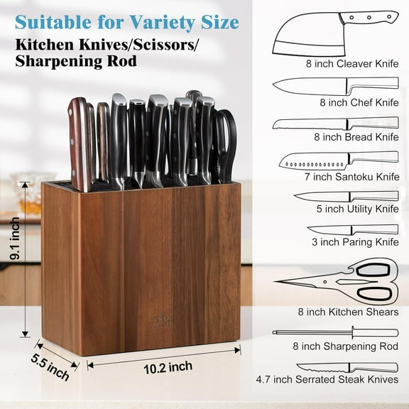 XXL Acacia Wood Knife Holder – Large Universal Knife Block with Blade-Protecting Slots, Holds 26  Knives, Scissors, and Sharpening Rods, Space-Saving Kitchen Storage Organizer
