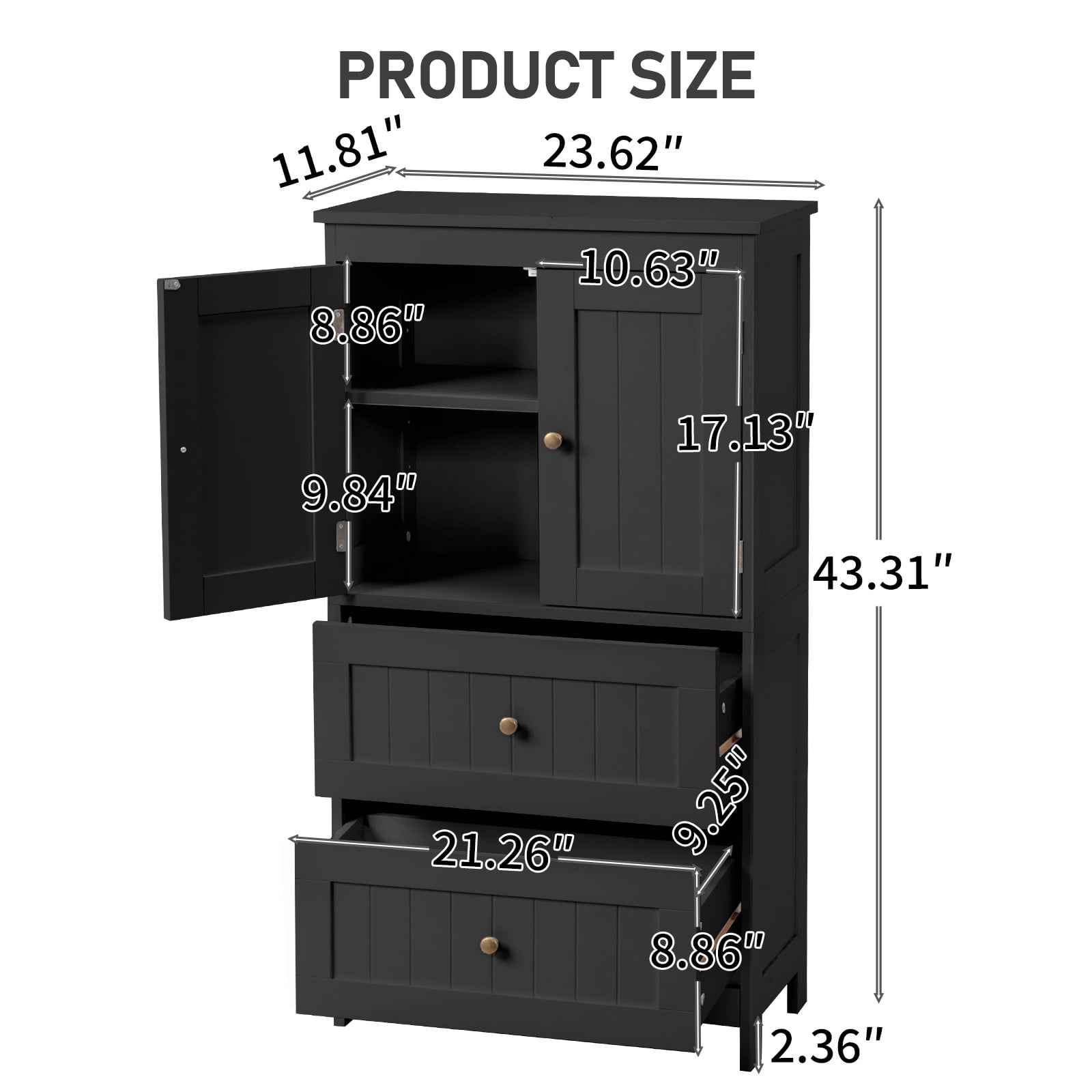 2-Drawer 2-Door Vertical MDF Bathroom Cabinet, Black, 23.62 x 11.81 x 43.31 in