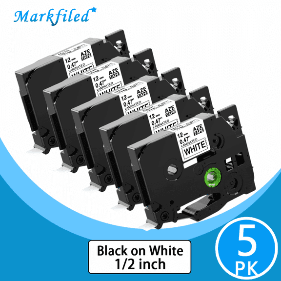Markfiled TZe-231 Replace for Brother P-Touch Label Tape TZ Tape 12mm 0.47 Laminated White 1/2 inch TZe231 Label Maker Tape for Brother Ptouch PT-D210 D220 H110 D410 D610 1280 Cube Refills, 5-Pack