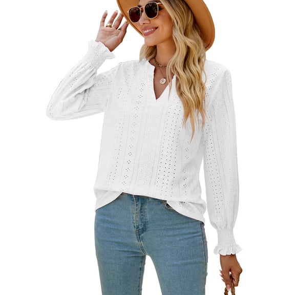 SIEANE Ruffle Long Sleeve Blouse for Women V Neck Hollow Out Shirt Casual Tops