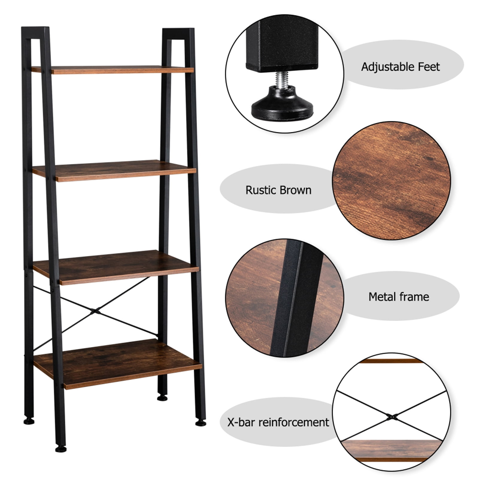 Kepooman Modern 4-Tier Ladder Bookshelf Organizer Storage Rack Shelf for Office Bathroom Living Room, Brown Kepooman Modern 4-Tier Ladder Bookshelf Organizer Storage Rack Shelf for Office Bathroom Living Room, Brown