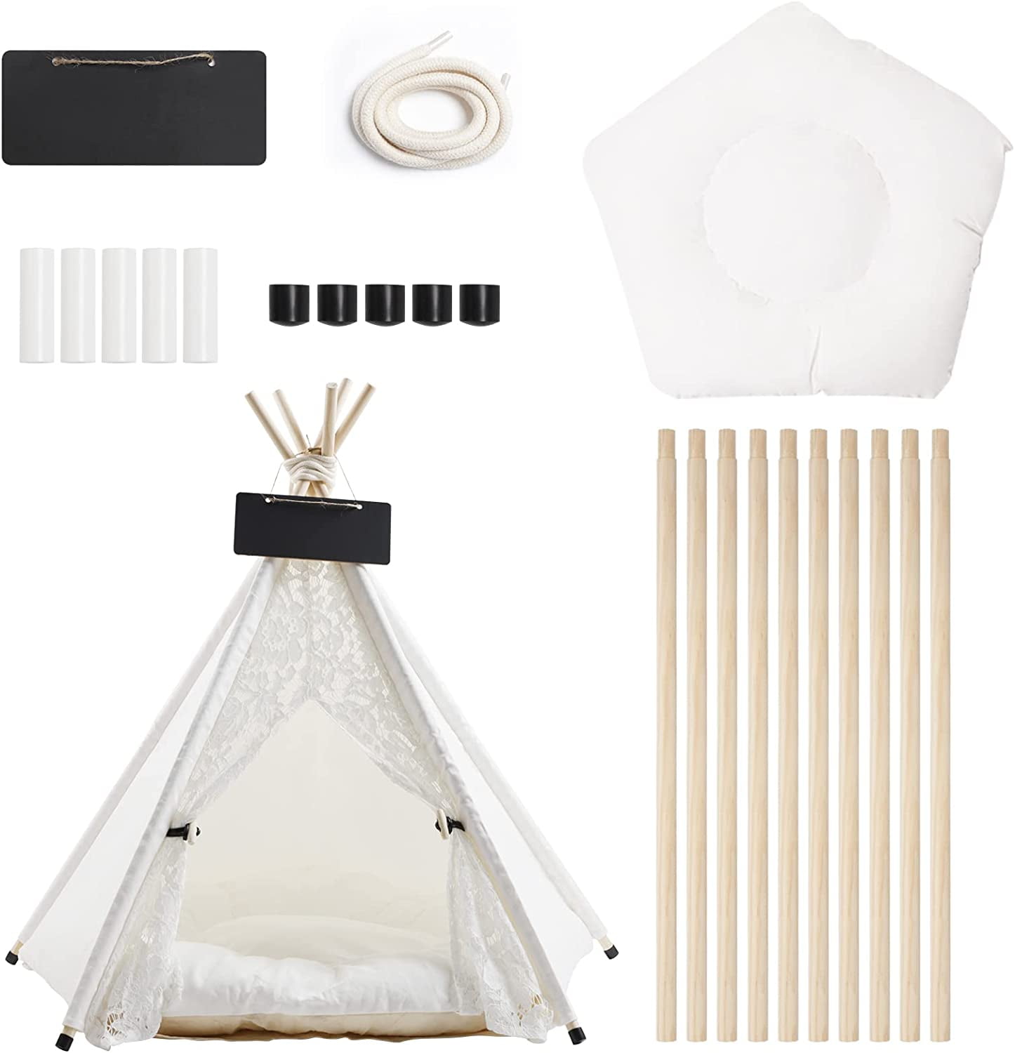 Portable Pet Teepee Tent for Medium and Large Pet,Foldable Dog and Cat House with Luxury Cushion Washable ，Indoor/Outdoor Use, Lace Style