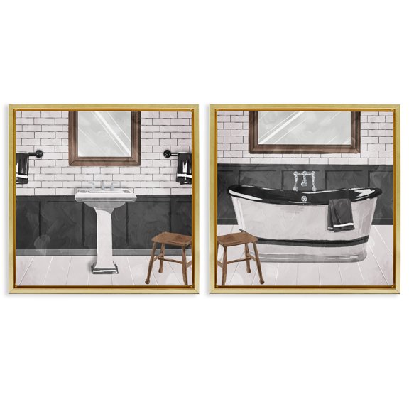 Stupell Industries Modern Country Bathroom Interior Abstract Painting Gold Floater Framed Canvas Art Print Wall Art, 25 x 25, Set of 2