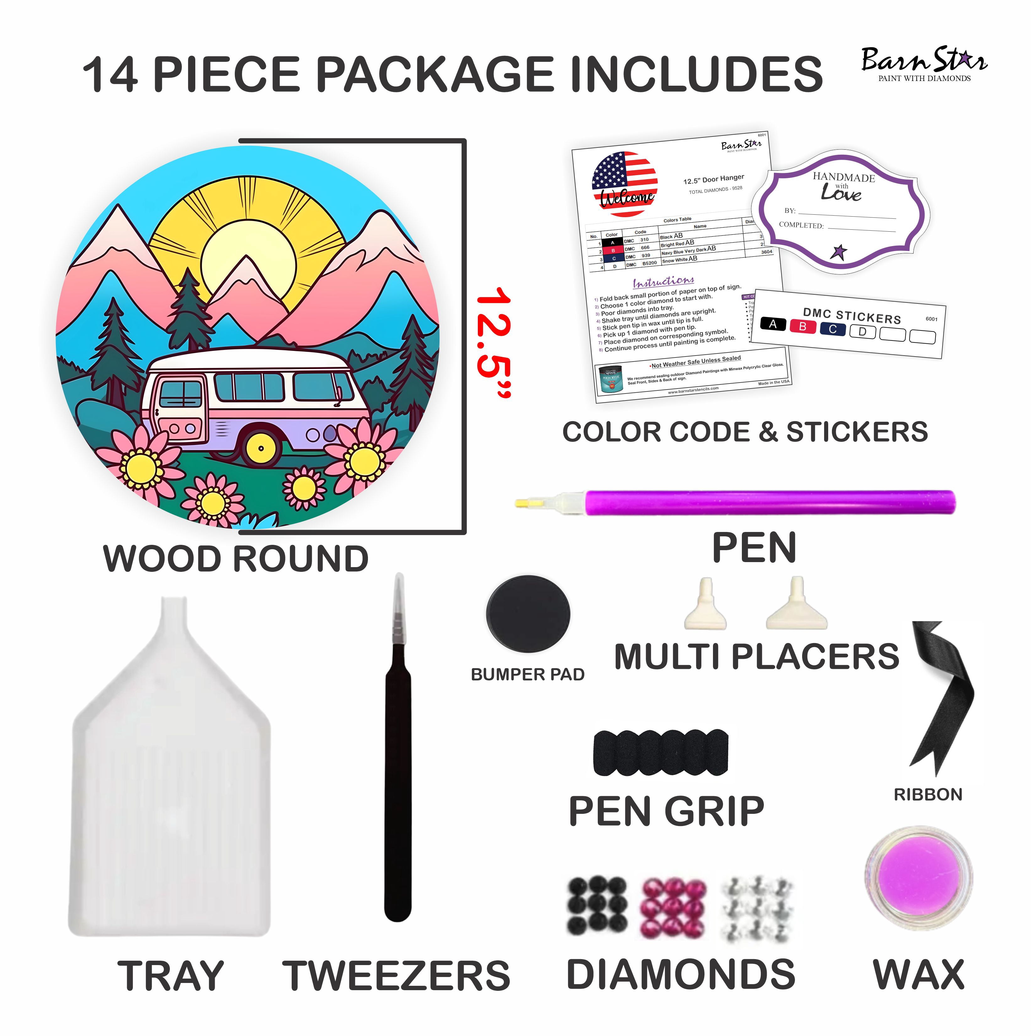 Diamond Painting Kit, Camper Rv Sign, Round Drills, 14 Piece Set, Round Wood Camping Sign, DIY Craft Kit