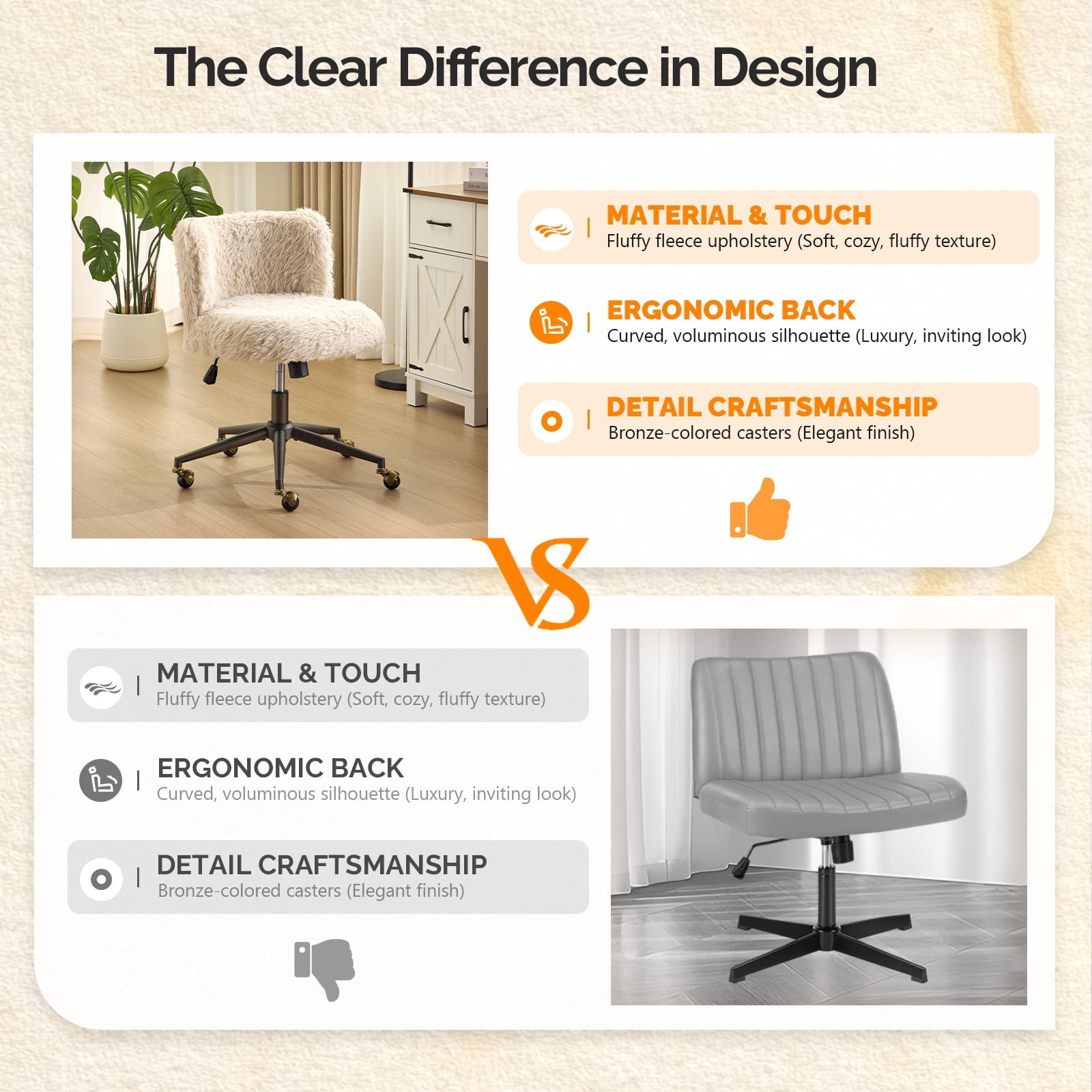 Ktaxon Vanity Chair, Adjustable Desk Chair with Metal Base and Swiveel Casters, Long Pile Fabric Makeup Chair for Women, Ideal for Office,Study and Home Beige