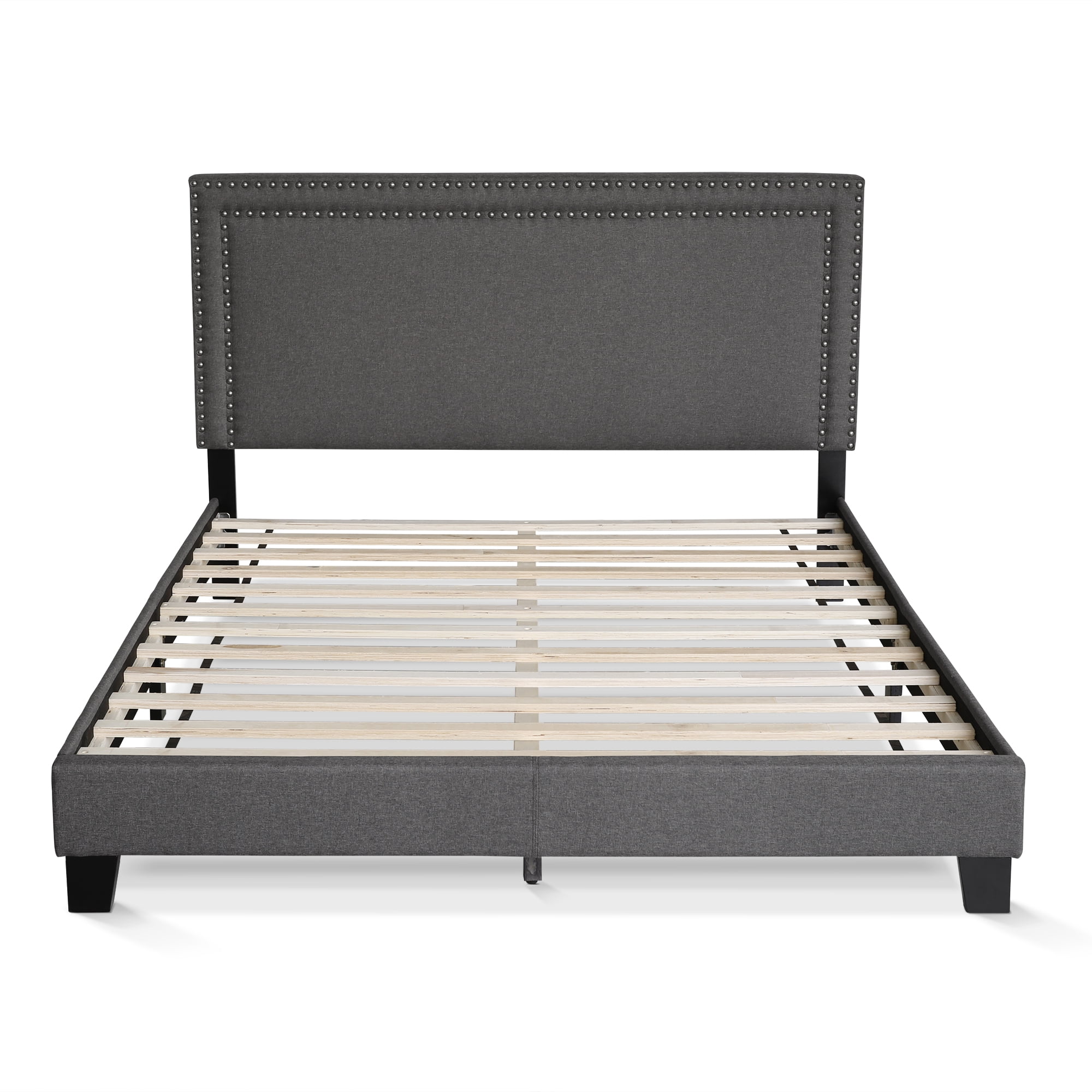 Furinno LAVAL Queen Upholstered Bed Frame with Double-Row Nailhead Headboard and 12-Piece Wooden Slat Support, Dark Grey