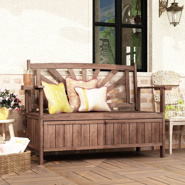 FUFU&GAGA Wooden Outdoor Storage Bench with Cupholders, Patio Loveseat