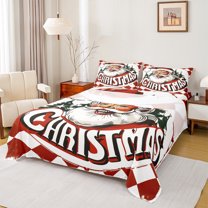 Manfei Cartoon Santa Claue Bed Sheets for Child, Happy New Year King Sheets, Red Stripes Geometric Sheet Set, Microfiber Bedroom Decor, 4 Pieces