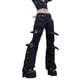 thumbnail image 5 of Pantalones cargo punk de pierna ancha y recta para mujer - Ropa gótica urbana, bolsillos, 5 of 7