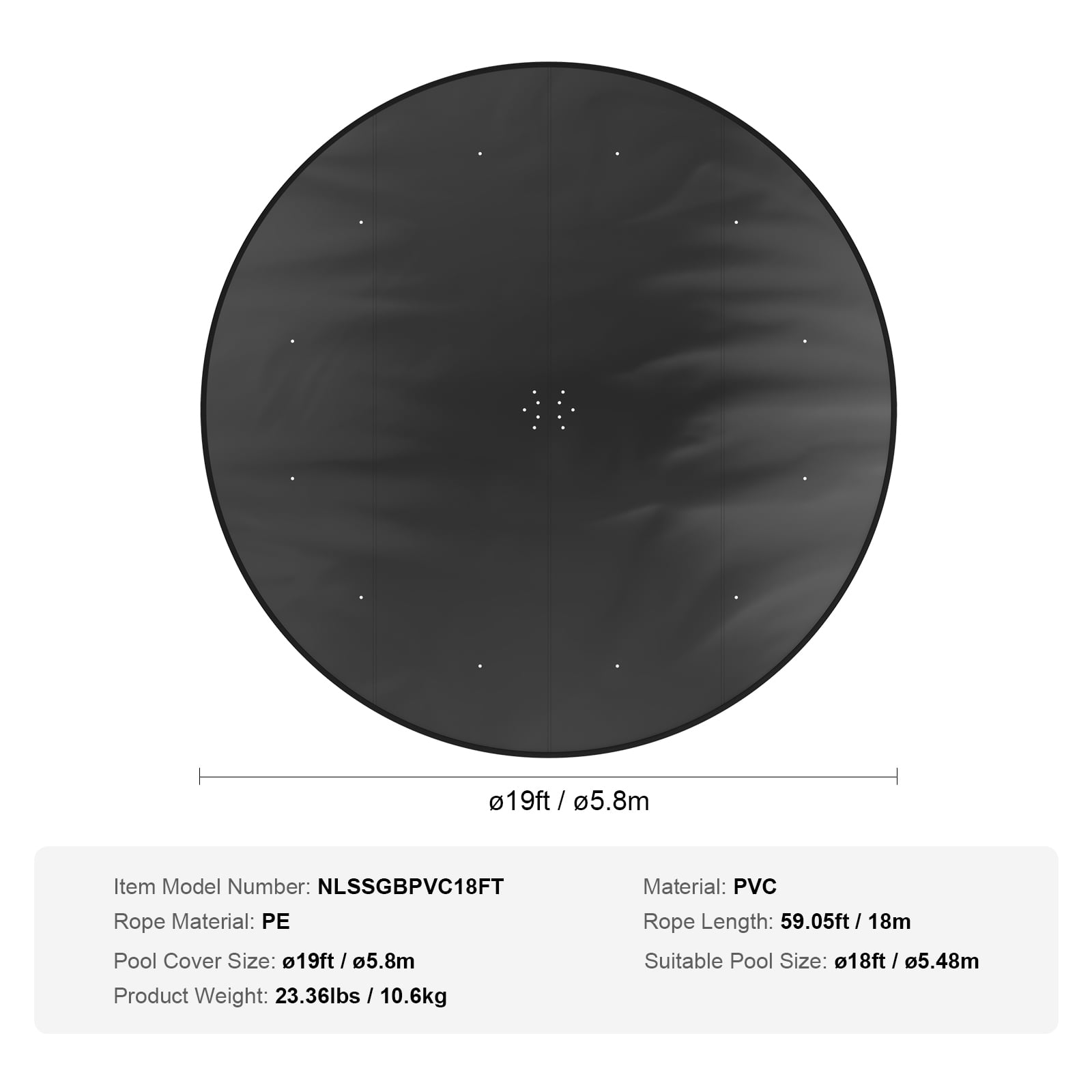 SKYSHALO Round Pool Cover, 18 Ft PVC Swimming Round Pool Solar Cover Above Ground Drawstring Design Inflatable Pools Cover, Black