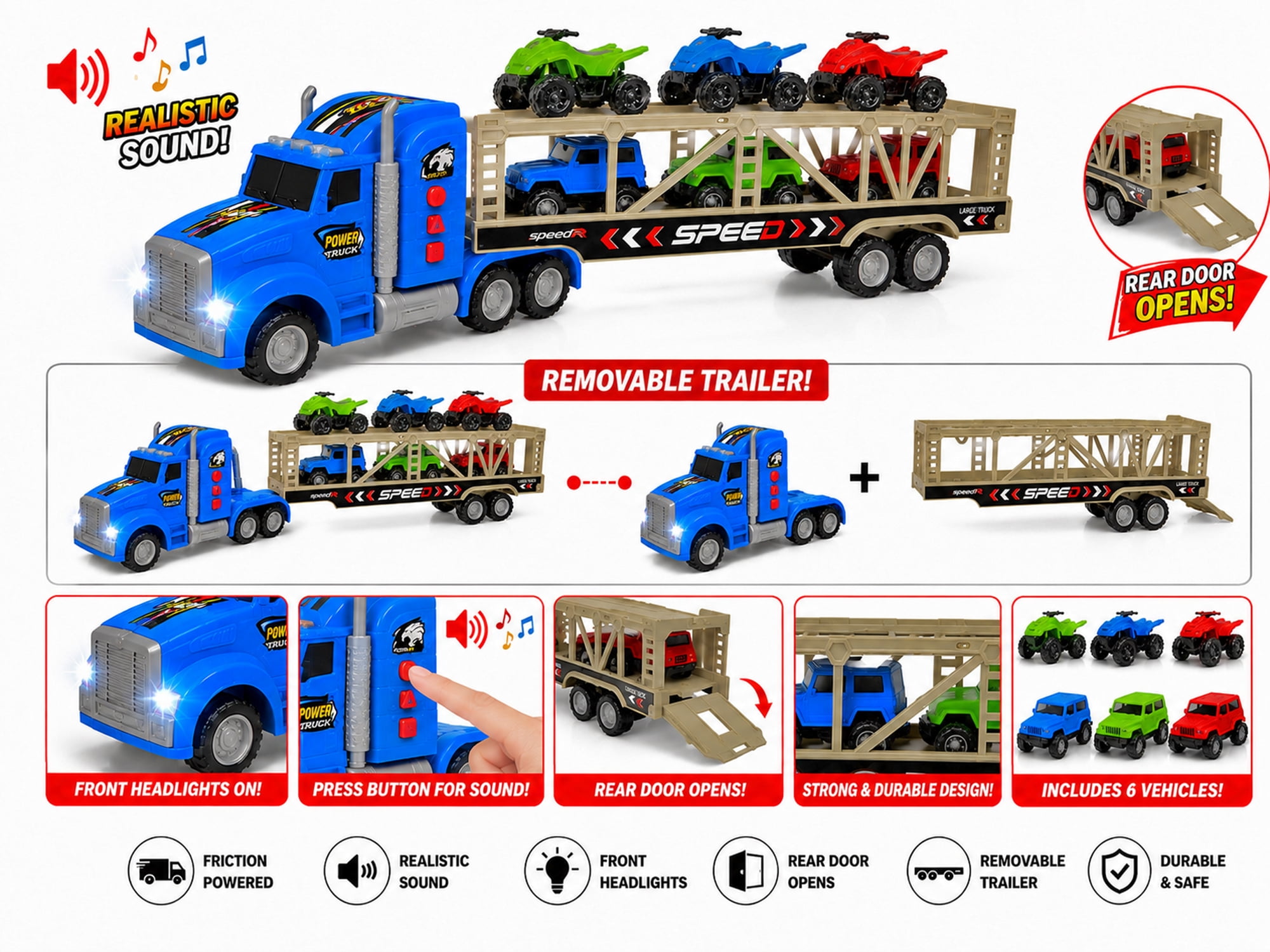 Friction Powered Toy Car Carrier Truck, 23 Inch Transport Trailer with 6 Mini Vehicles, Lights, Sounds, Opening Rear Door, Detachable Trailer