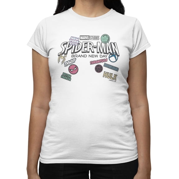 Marvel Spider-Man Brand New Day Women's Sticker Collage T-Shirt (Bright White, S-XXL)
