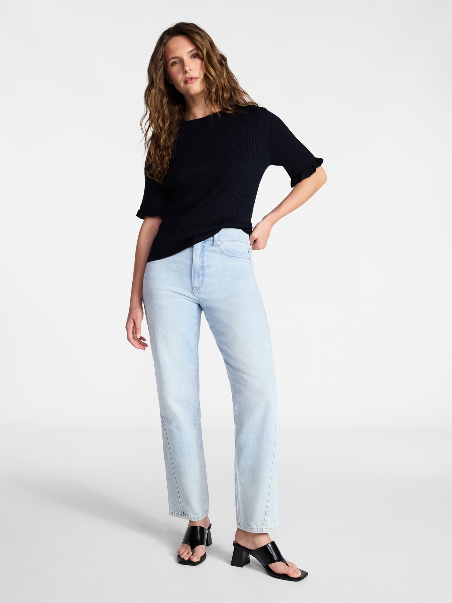 Time and Tru Women's Ribbed Sweater with Flounce Sleeves, Midweight, Sizes XS-XXXL