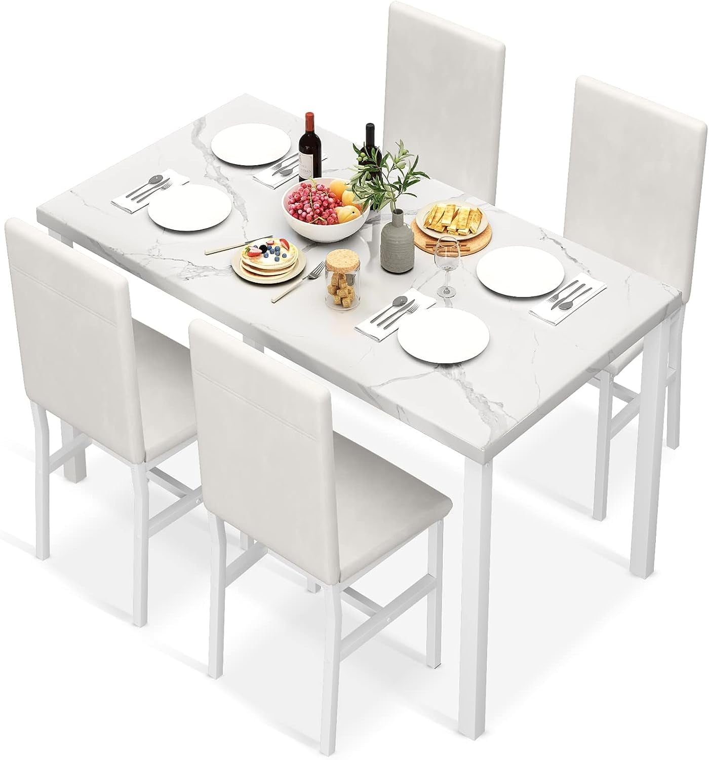 Cvortll 5 Pieces Dining Room Table Set for 4, Space Saving Kitchen Table and Chairs , Set with 4 Upholstered PU Leather Chairs and Faux Marble Tabletop, All White