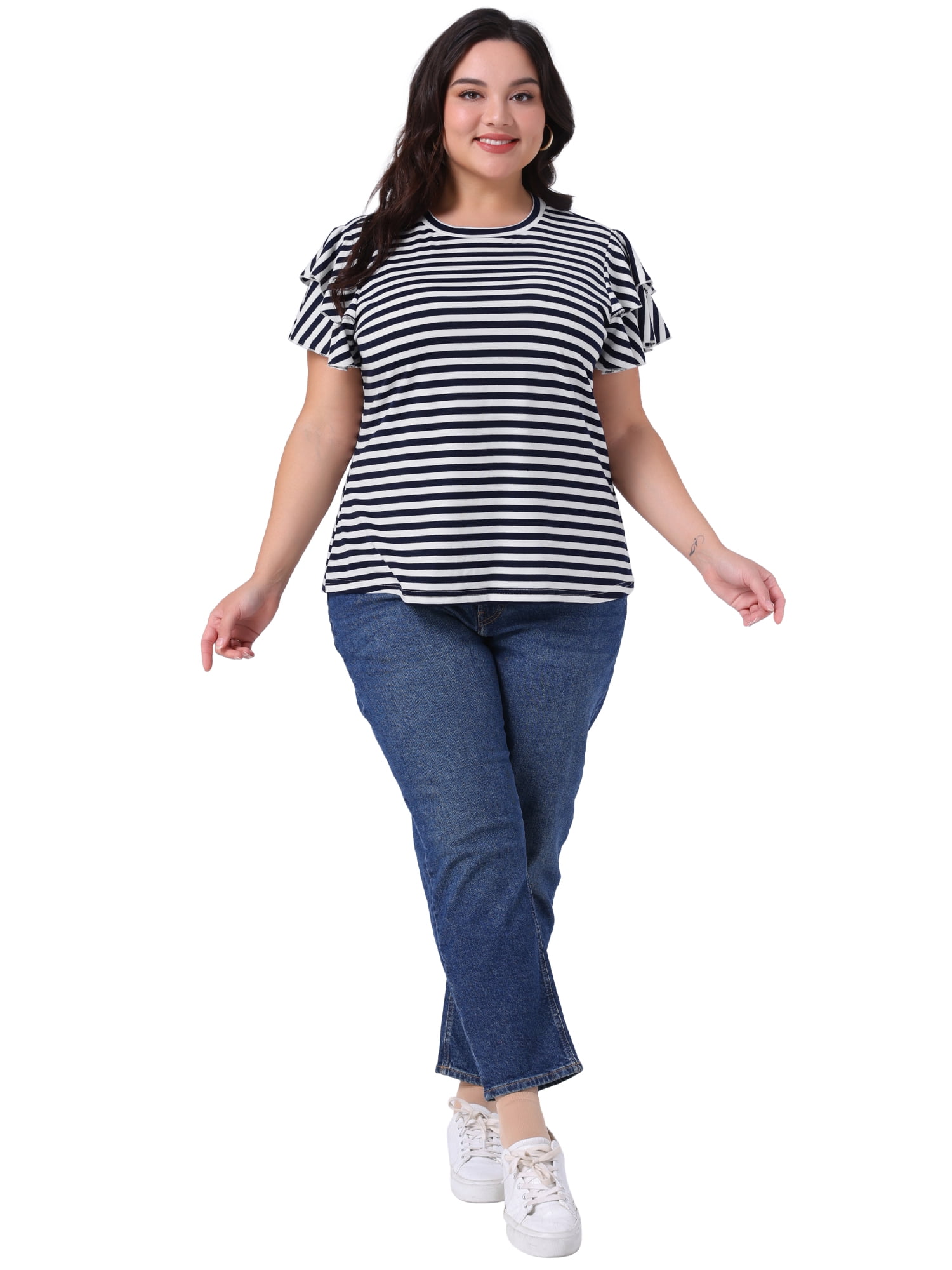 DARING DIVA Women's Plus Round Neck Striped Ruffle Blouse 2X Navy Blue